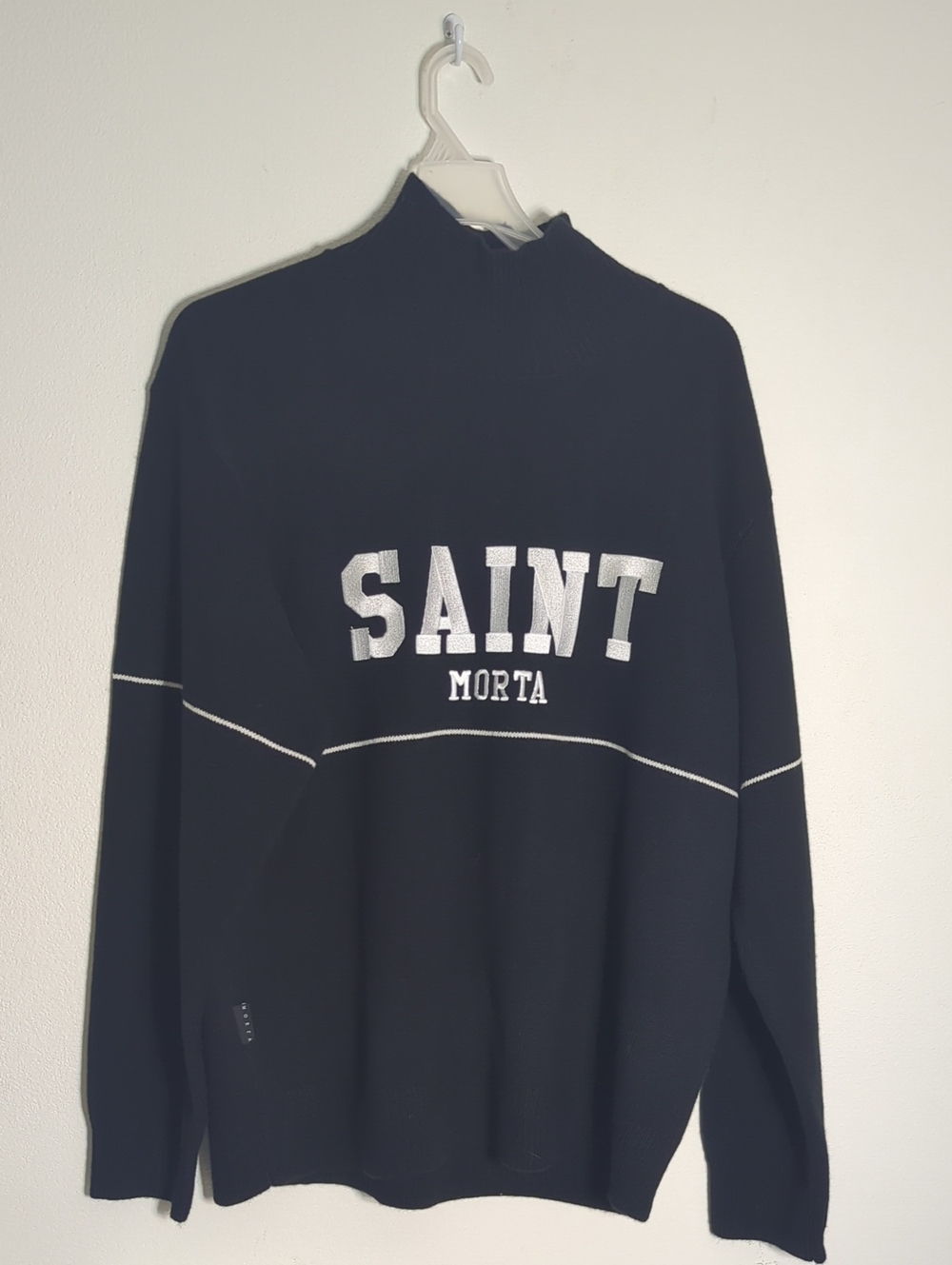 Saint Morta Mens Mock Neck Sweater Quiet Luxury Wool Old Money Logo Neutral XL